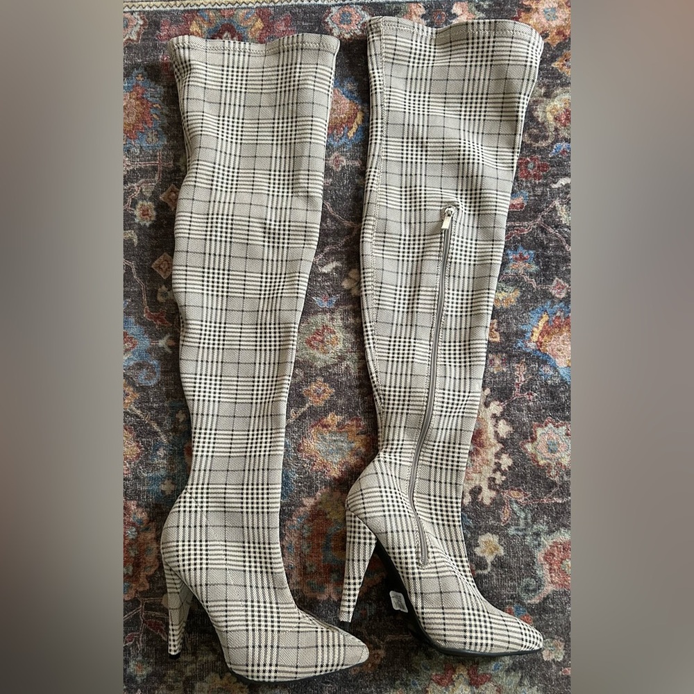 Tan and black Anne Michelle Plaid Over-the-Knee Heeled Boots like new size 7